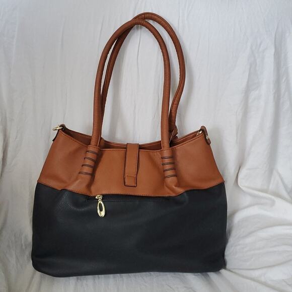 Black Rivet Purse Two Tone Black and Cognac Double Handle Bag w/Shoulder Strap - Picture 2 of 16